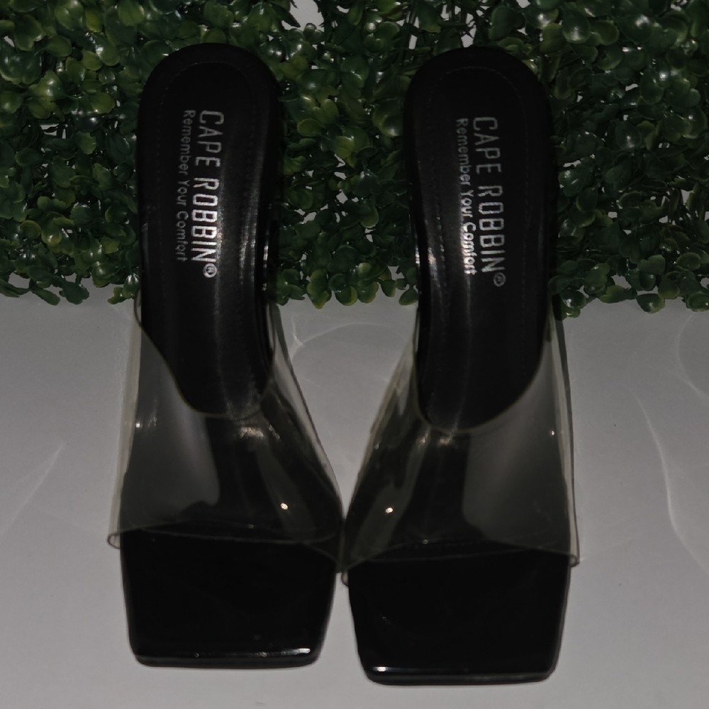 CAPE ROBBIN Black Square-Toe Clear Strap Mules
